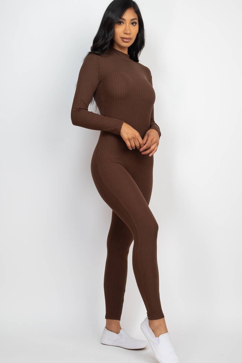 Solid Ribbed Mock Neck Long Sleeve Casual Active Jumpsuit