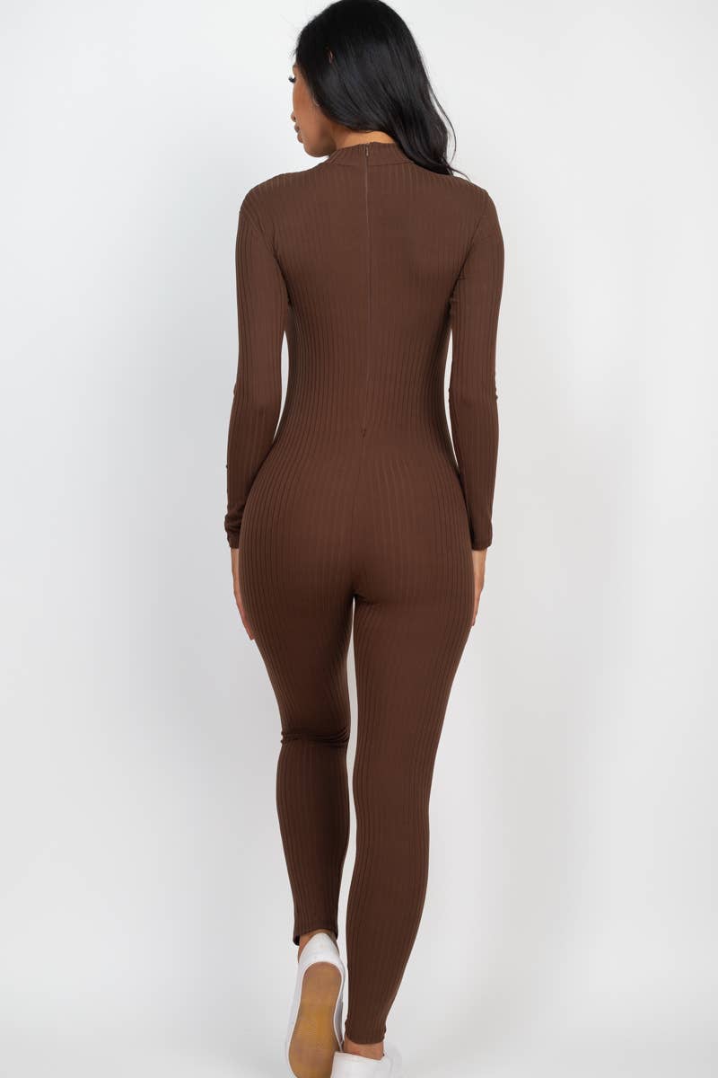 Solid Ribbed Mock Neck Long Sleeve Casual Active Jumpsuit